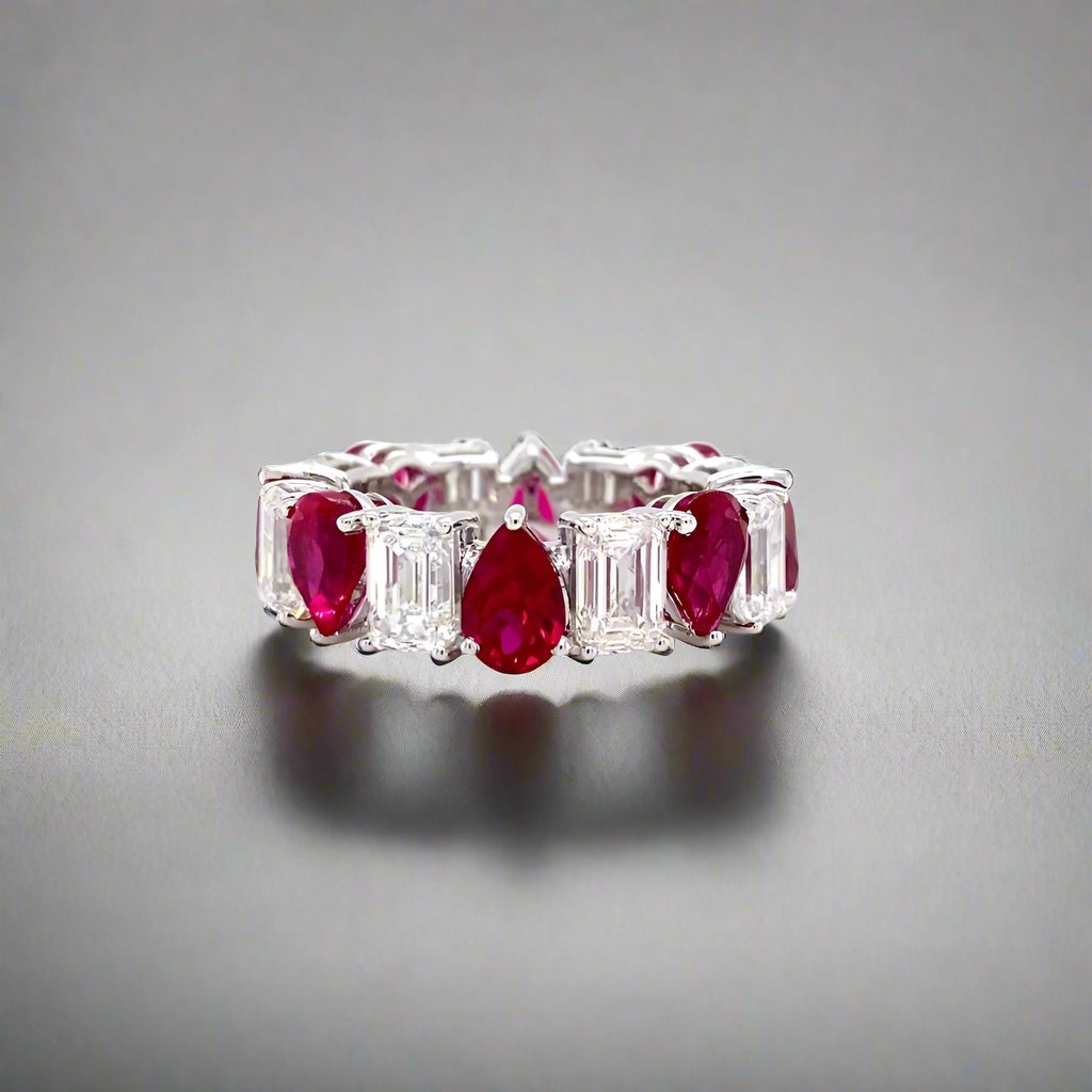 Lab-Created Emerald and Red Pear Eternity Band - Fabeau & Co.